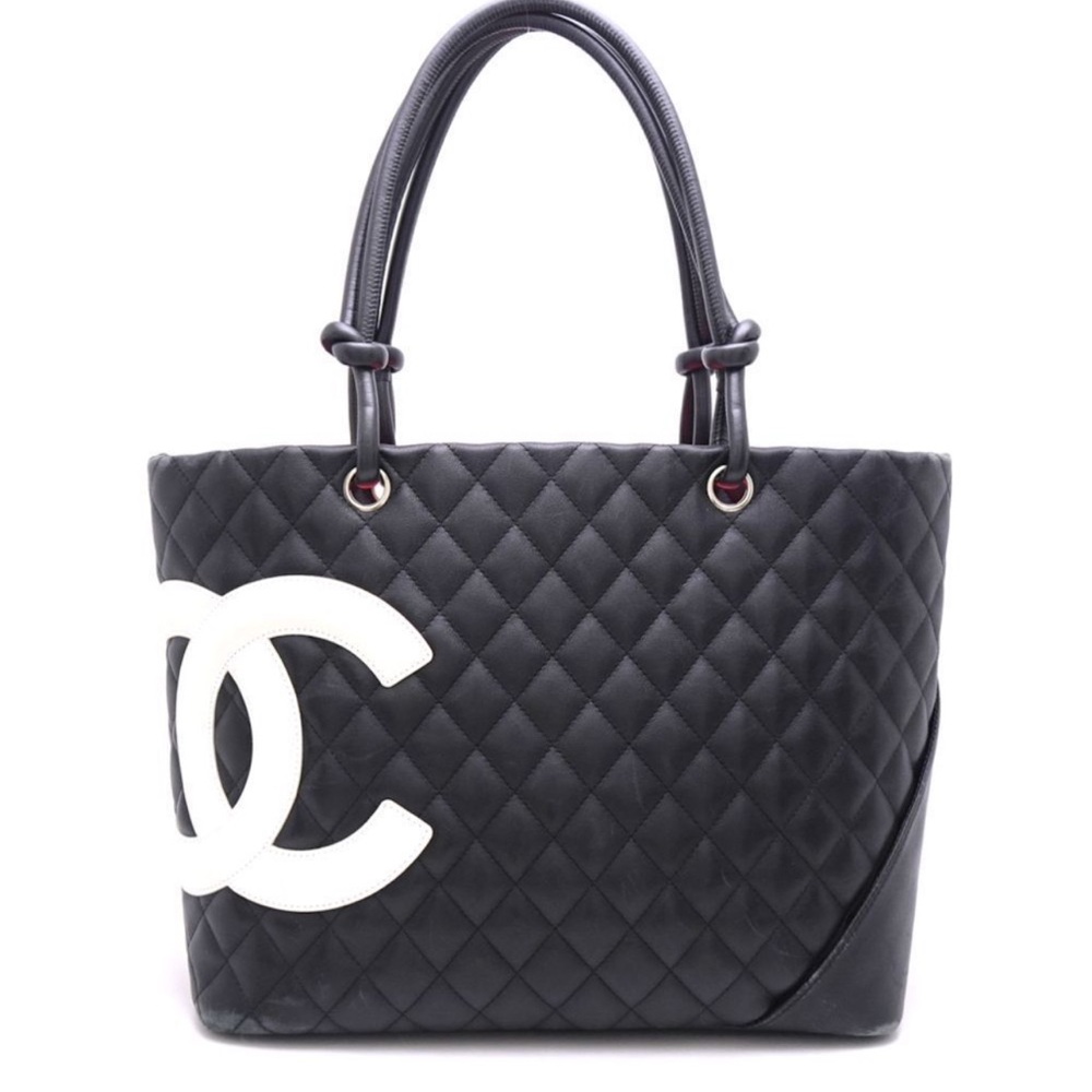 CHANEL Black Quilted Leather Shoulder Tote with White CC Emblem